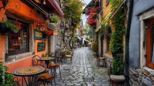 A quaint European street with cafes and shops.