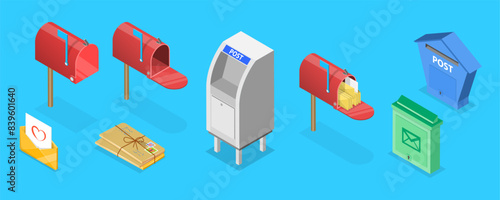 3D Isometric Flat Vector Set of Mailboxes, Post Elements