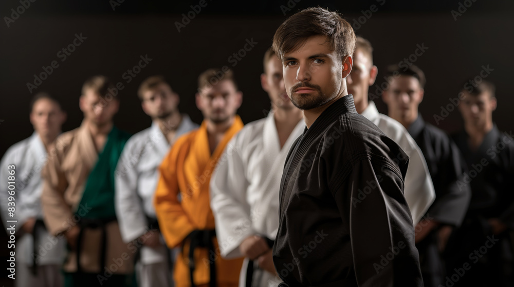 A group of people wearing black and white uniforms stand together. One man is wearing a green belt. Sensei in a black kimono and a black belt with students, all students in a white kimono A group of people wearing black and white uniforms stand together. One man is wearing a green belt. Sensei in a black kimono and a black belt with students, all students in a white kimono