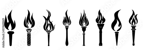 Olympic torch set. Vector isolated burning torches flames. The symbol of victory, success or achievement. World Games. 