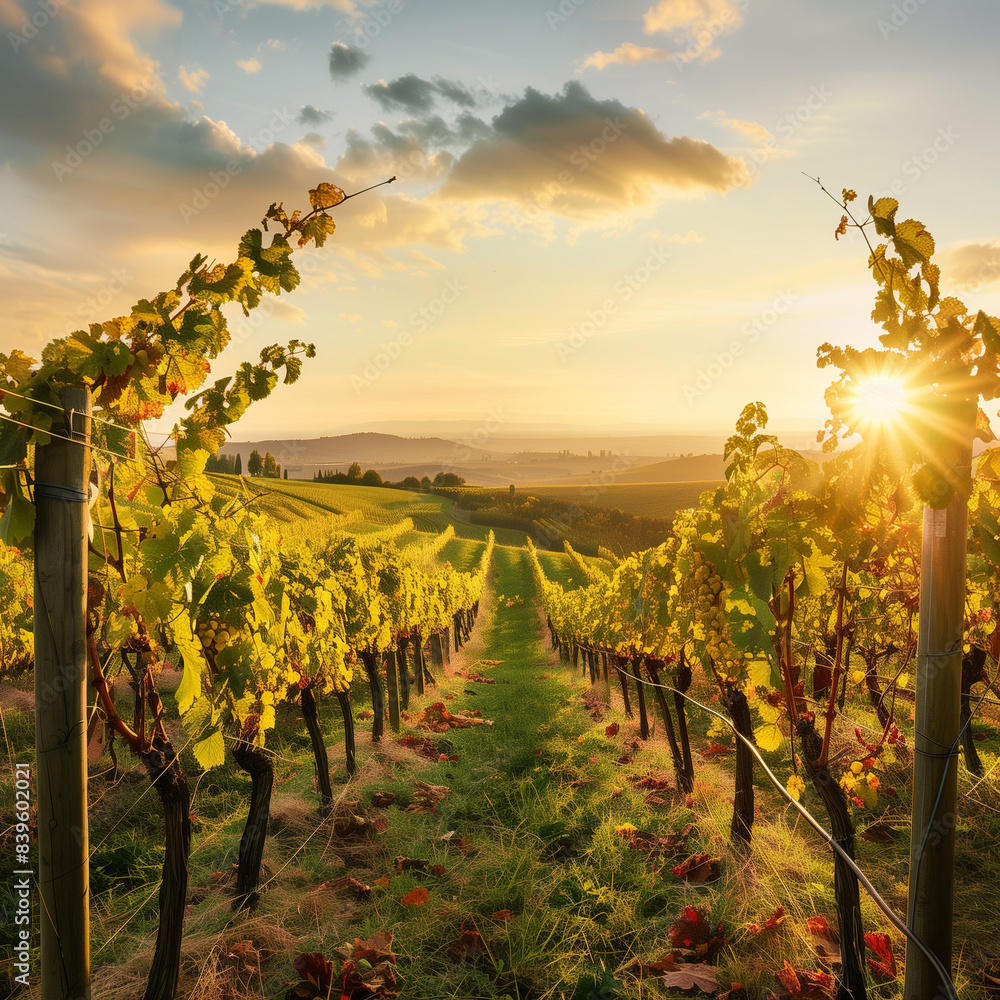 Fototapeta premium Verdant Vineyards Thriving Under a Golden Harvest Sun