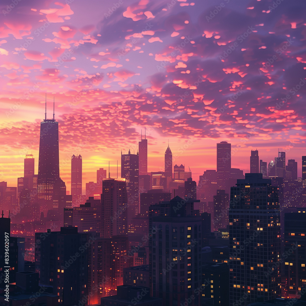 Fototapeta premium Sparkling Cityscapes Rising Against a Pink Dusk Sky