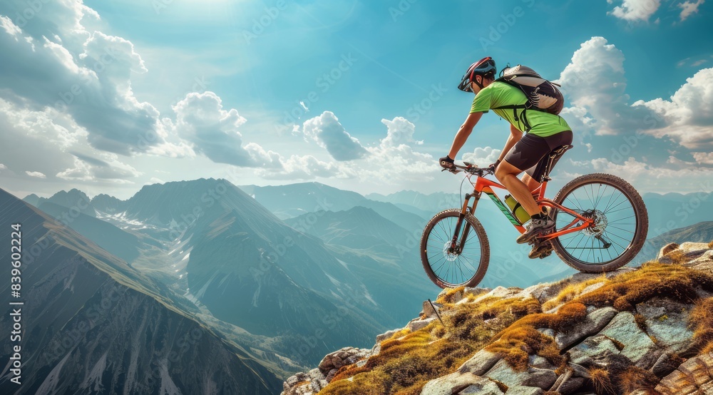 Fototapeta premium A cyclist riding on top of the mountain in an off-road style, wearing a helmet and shorts with a green shirt and black shoes