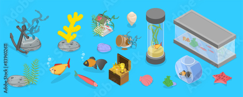 3D Isometric Flat Vector Set of Aquariums, Beautiful Fish Tanks
