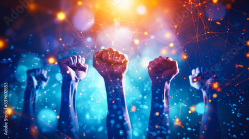 Raised fists in a cosmic light setting