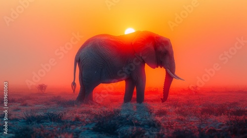 Majestic Elephant Silhouette in Desert Double Exposure Close-Up with Warm Colors and Dunes Background © Phonthip