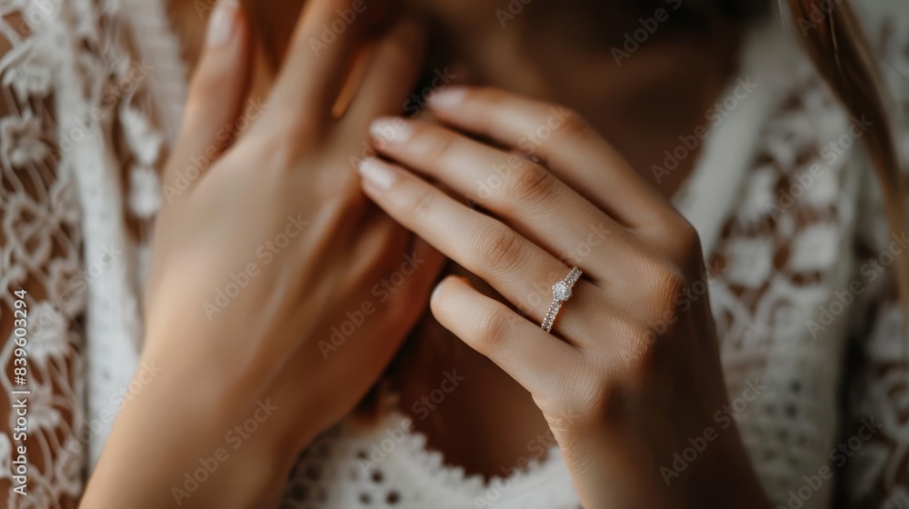 Fototapeta premium womans hand with engagement ring wedding jewelry mockup closeup product photo