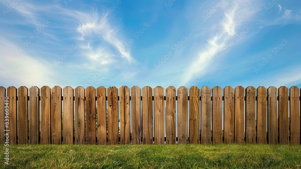 Fototapeta premium wooden fence in backyard with green lawn and blue sky outdoor home improvement photography