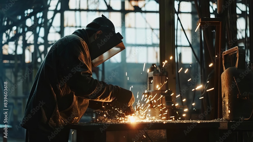 worker grinding metal piece in workshop industrial scene worker grinding metal piece in workshop industrial scene