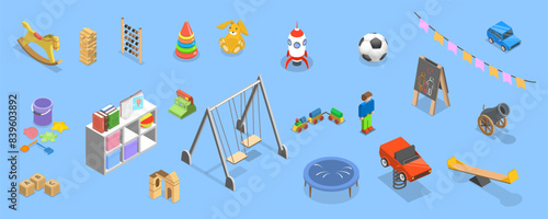 3D Isometric Flat Vector Set of Kindergarten, Classroom of Nursery School