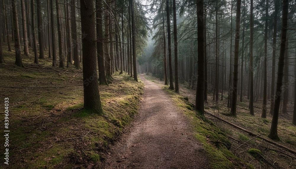 Fototapeta premium trail in foggy gloomy wet dark forest