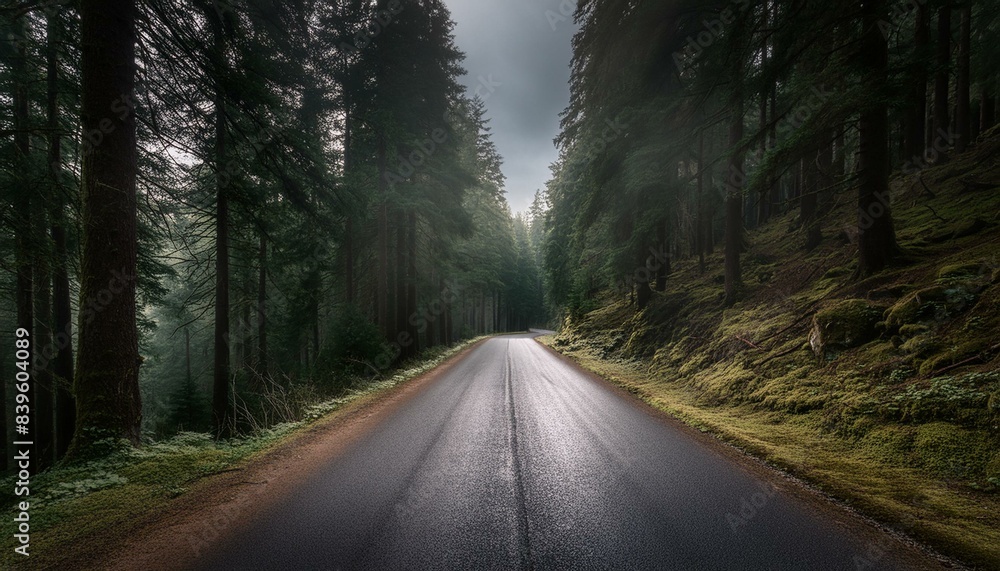Fototapeta premium loneliness asphalt road through fog rainy forest