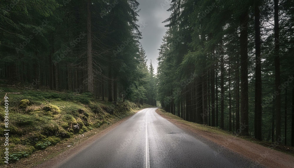 Fototapeta premium loneliness asphalt road through fog rainy forest
