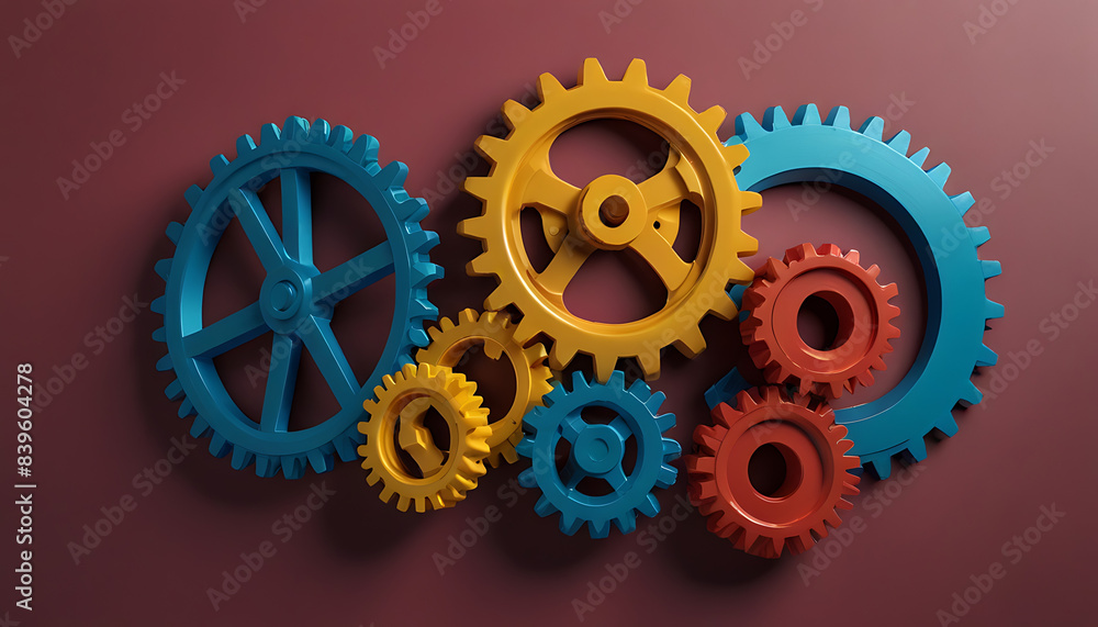 Different colored mechanical gear aligned on a flat plain colored surface, An image illustrating the concept of business agility, smart strategic planning, flexible management practices, with copy spa Different colored mechanical gear aligned on a flat plain colored surface, An image illustrating the concept of business agility, smart strategic planning, flexible management practices, with copy spa