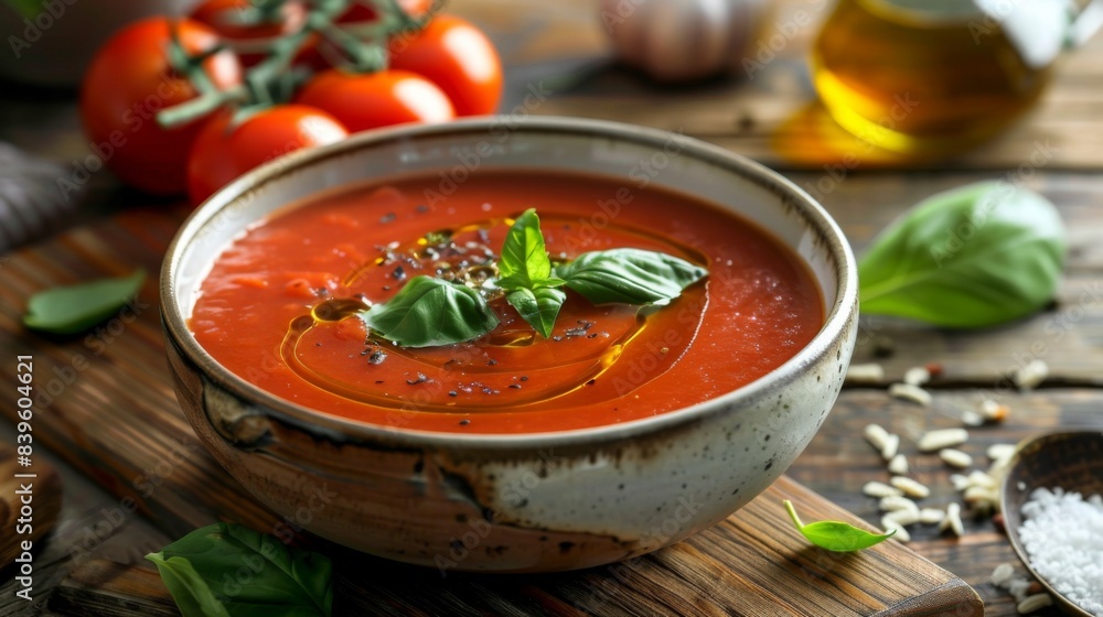 A bowl of homemade tomato soup garnished with basil leaves and a drizzle of olive oil, offering comfort and warmth on a chilly day A bowl of homemade tomato soup garnished with basil leaves and a drizzle of olive oil, offering comfort and warmth on a chilly day