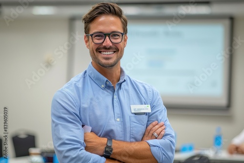 A man is presenting in a co...