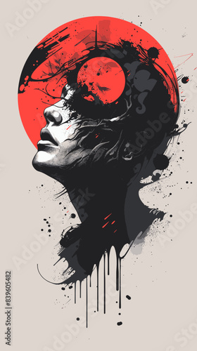 Double exposure of woman face and red sun on grunge background