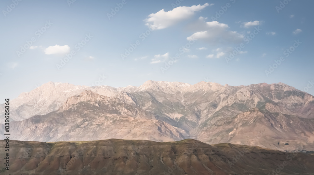 Panoramic mountain landscape in the mountains in the evening at sunset for background in the mountains of Tajikistan, the texture of hills and high mountains minimalist in the evening Panoramic mountain landscape in the mountains in the evening at sunset for background in the mountains of Tajikistan, the texture of hills and high mountains minimalist in the evening
