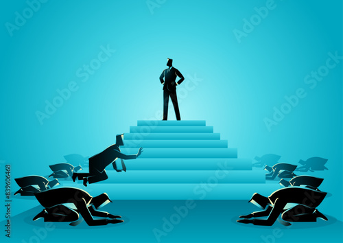Business concept vector illustration of men worshiping a powerful figure standing atop of a ladder