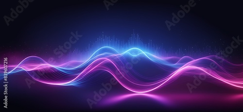 Abstract futuristic background with purple neon wave lines and bokeh lights