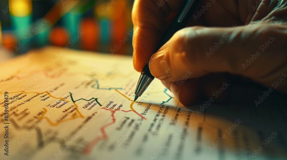 A close-up of a hand drawing trend lines and annotations on a financial graph, depicting analysis and forecasting A close-up of a hand drawing trend lines and annotations on a financial graph, depicting analysis and forecasting