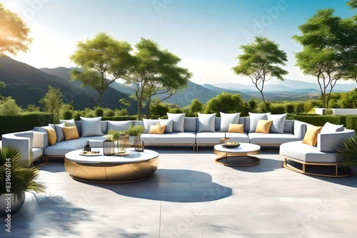 Luxury sitting place of sofa and table with mountain view.
