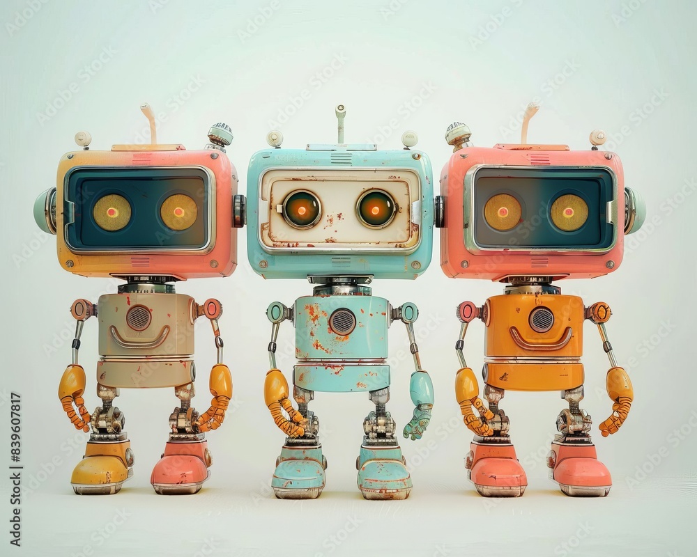 Three small robots of different colors are standing in a row against a white background Three small robots of different colors are standing in a row against a white background