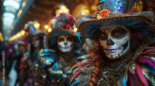 indoor Halloween costume party with guests dressed in elaborate costumes using Focus Stacking and HDR Imaging to capture the rich details and vibrant colors of the outfits © fahad