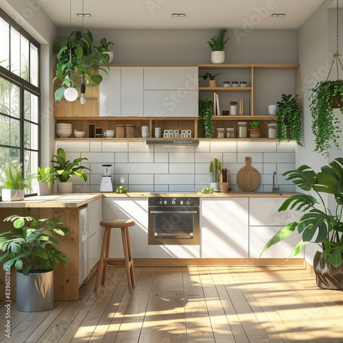 A kitchen with a wooden counter and a stool, a black oven