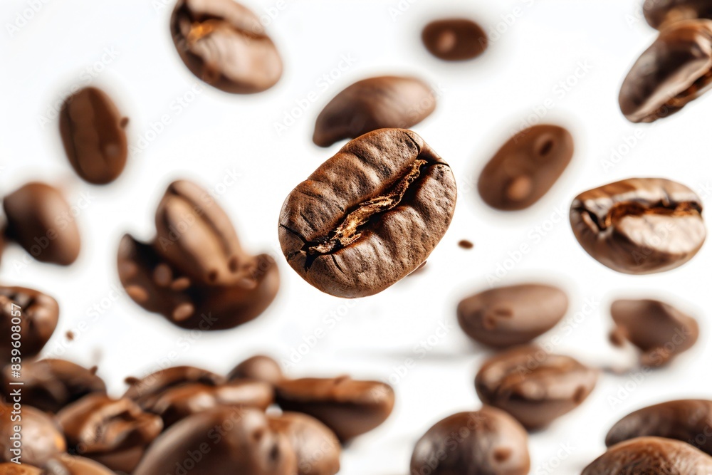 Coffee beans midair close-up