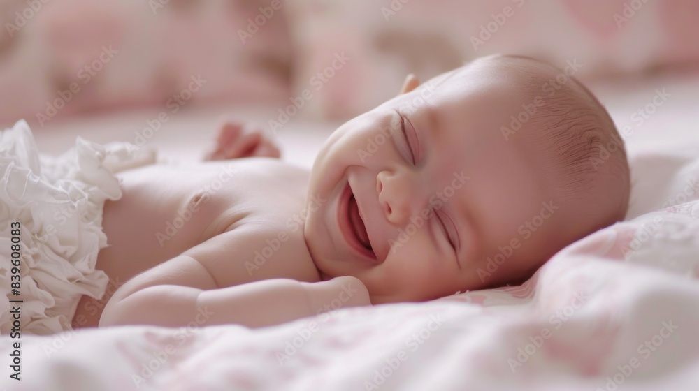 Charming photo capturing a happy newborn baby girl, smiling while resting in a cozy environment Charming photo capturing a happy newborn baby girl, smiling while resting in a cozy environment