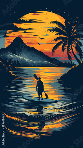 Silhouette of a man standing on a paddleboard on the beach at sunset. Vector illustration