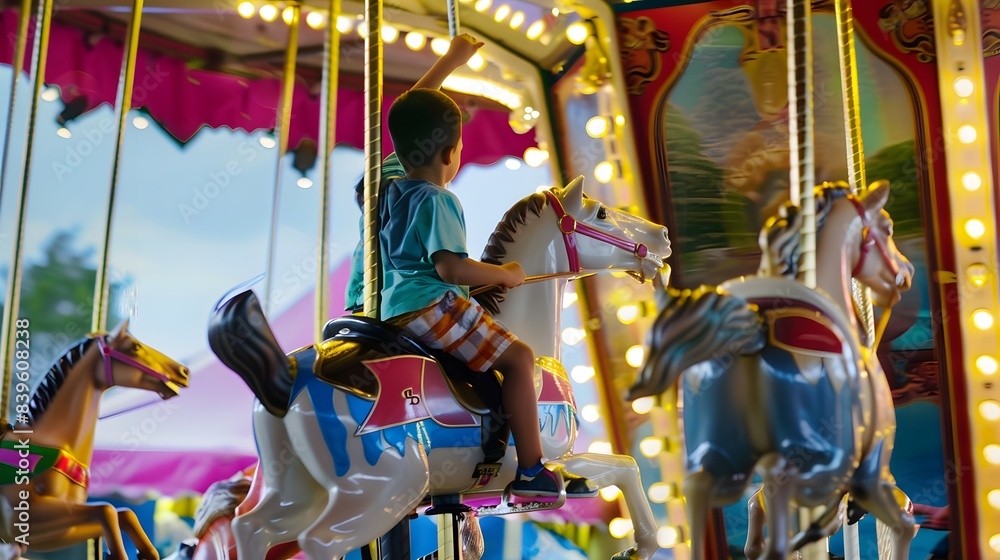Fototapeta premium A young boy enjoys a ride on a carousel horse at a vibrant carnival, surrounded by colorful lights and festive atmosphere.