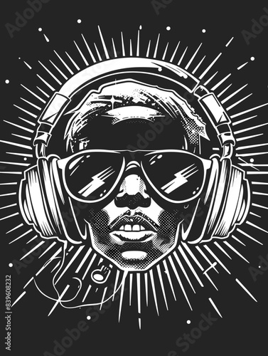 Portrait of a man with headphones. Hand drawn vector illustration