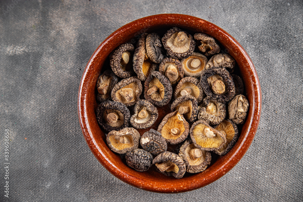 shiitake dried mushroom appetizer meal food snack on the table copy space food background rustic top view keto or paleo diet vegetarian vegan food shiitake dried mushroom appetizer meal food snack on the table copy space food background rustic top view keto or paleo diet vegetarian vegan food