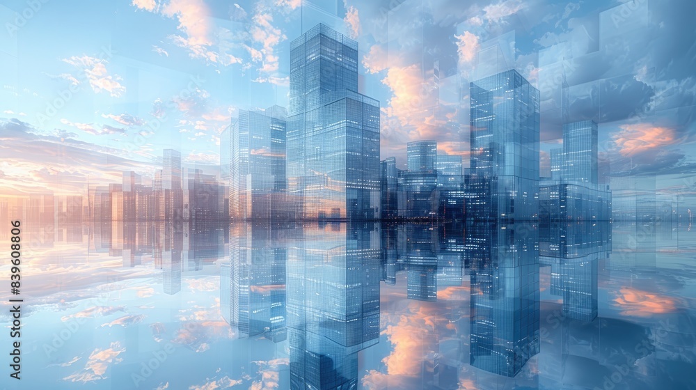 A stunning city skyline reflected on a serene water surface during sunset A stunning city skyline reflected on a serene water surface during sunset