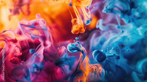 A vivid paint splash swirling  mix of colors as two chemicals reaction