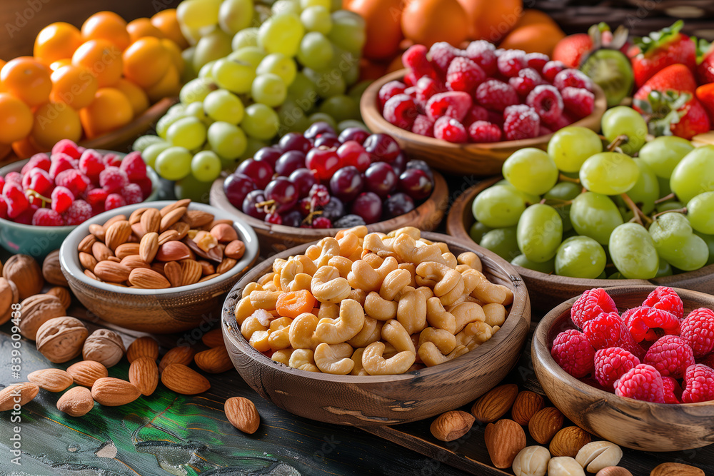 Vibrant Array of Fresh Fruits and Nuts in Rustic Wooden Bowls for a Healthy Snack Vibrant Array of Fresh Fruits and Nuts in Rustic Wooden Bowls for a Healthy Snack