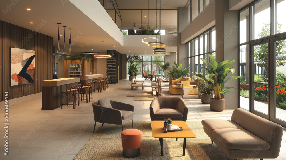 Fototapeta premium a blend of modern and rustic design elements, featuring comfortable seating arrangements, warm lighting, and lush greenery to create an inviting atmosphere for residents and guests to relax, socialize