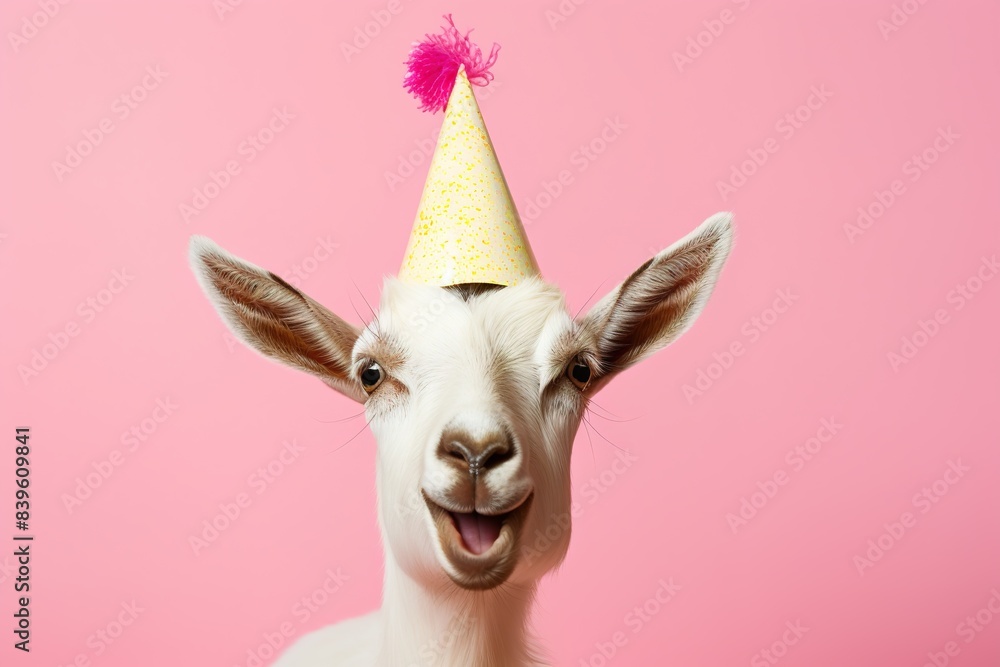 Obraz premium beautiful portrait of happy white goat in a party hat on pink background. Birthday celebration concept