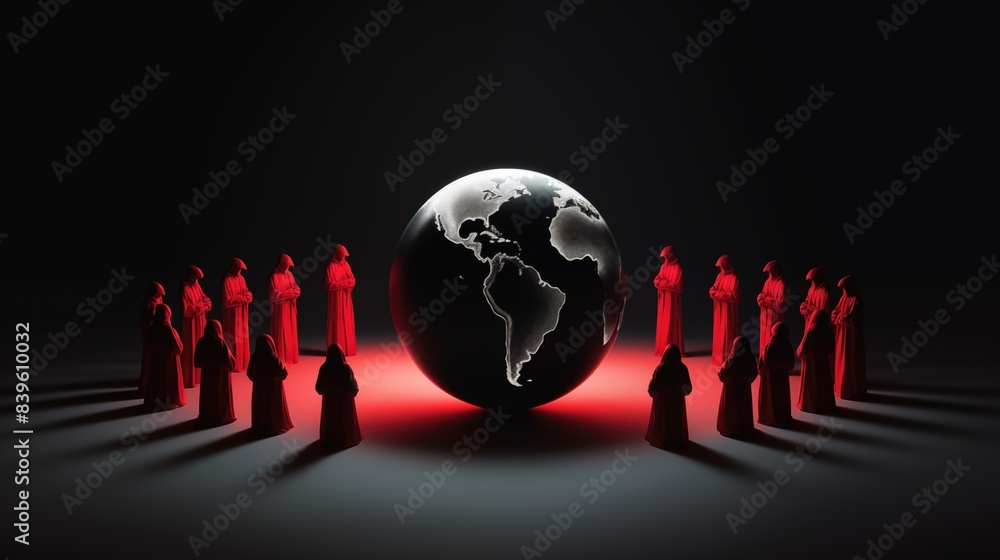 Generative Ai of Eerie Assembly Around a Brightly Lit Globe Concept for Elite Secret Meetings, Global Manipulation Strategies, and Illuminati Agendas