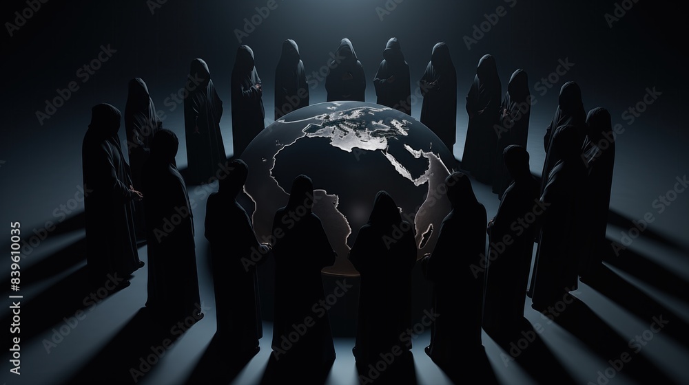 Generative Ai of Hooded Group Gazing at an Illuminated Earth Concept for Conspiracy Theory Visuals, Secret Global Agendas, and Mystical Ceremonies