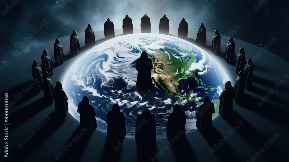 Generative Ai of Robed Figures Around a Radiant Earth Concept for Hidden World Domination, Elite Group Meetings, and Mystical Global Influence