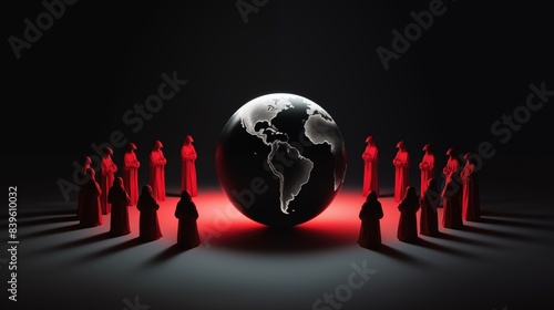 Obraz na płótnie Generative Ai of Eerie Assembly Around a Brightly Lit Globe Concept for Elite Secret Meetings, Global Manipulation Strategies, and Illuminati Agendas w salonie