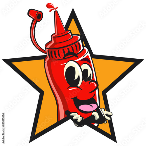 vector vintage illustration of cute ketchup bottle mascot character out from of a star with thumbs up, work of hand drawn