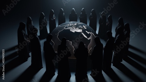 Generative Ai of Hooded Group Gazing at an Illuminated Earth Concept for Conspiracy Theory Visuals, Secret Global Agendas, and Mystical Ceremonies