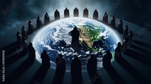 Obraz na płótnie Generative Ai of Robed Figures Around a Radiant Earth Concept for Hidden World Domination, Elite Group Meetings, and Mystical Global Influence w salonie