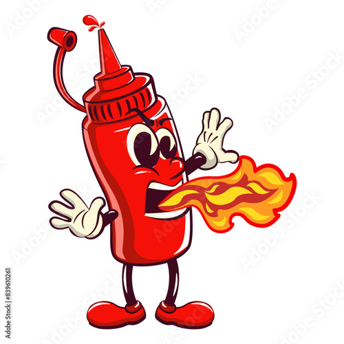 vector vintage illustration of cute ketchup bottle mascot character spitting out spicy fire, work of hand drawn