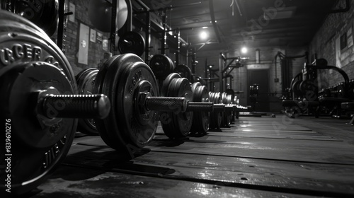 A row of dumbbells in a gym, with a few scattered weight plates and bars, ready for a challenging strength training workout. photo