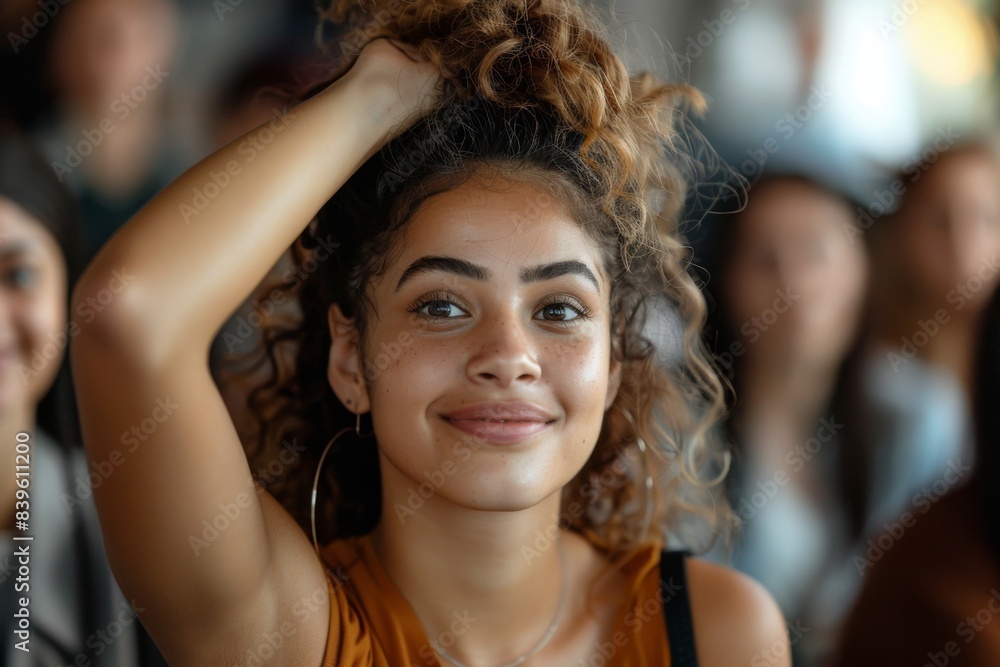 Woman wearing large hoop earrings Woman wearing large hoop earrings